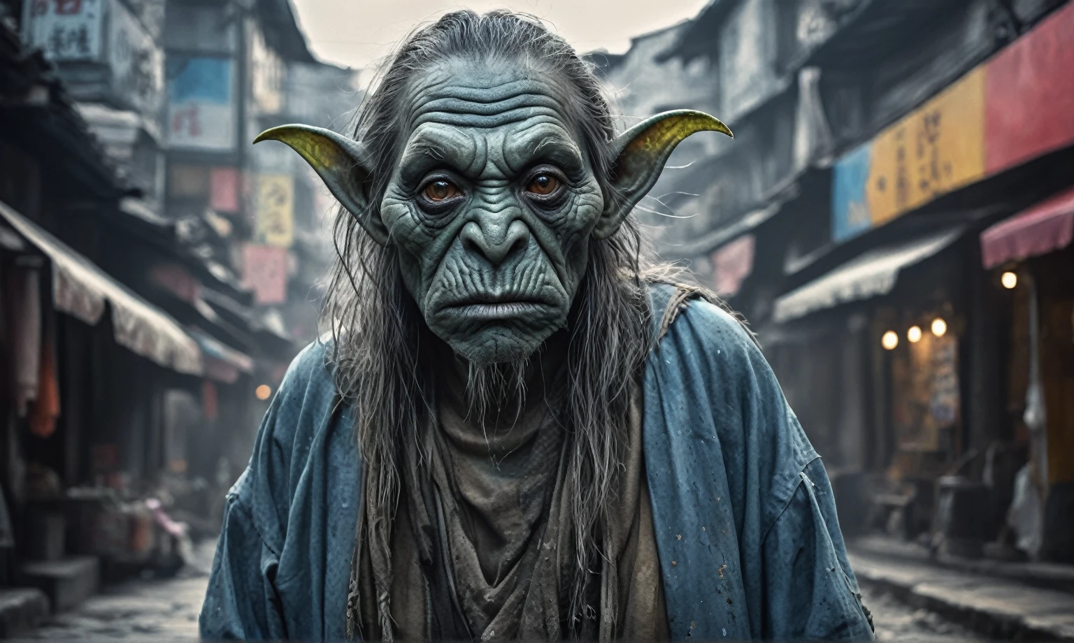 full body length shot,beggar graphite Manganite sparas, wants eat, Korean city of future,Cinematic,soft colors, Technicolor,natural skin textures, hyper realism, hyper detailed,Extremely detailed,High contrast,Masterpiece,Realistic,Ultra Detailed, intricate details,realistic humid leather,extremely intricate,Epic Realistic, cinematic style,irina yermolova,high contrast,hdr,extremely detailed, masterpiece,intricate details,faded,eyes extremely detailed, high detailed eyes,16k resolution,RAW,retina, Nikon Z9,China,Songbird orc,ink photo style, Pisces, perfect,transition between two world live styles, Ink painting to photorealism, Double contact, X-ray, Creative, vivid light, masterpiece, fantasy, Abstract, Surrealism, super detailed, high resolution, stop:35,(((creature with a spectral and ghostly appearance)). Her skin is pale, almost translucent.strange wears modern, torn clothes that float around him, as if permeated by an aura of eternity