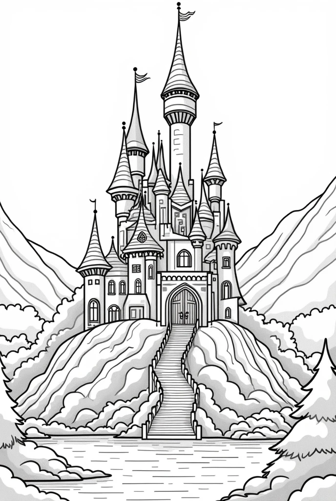 Create a coloring picture of a fairytale castle, for coloring with large white areas and strong black lines