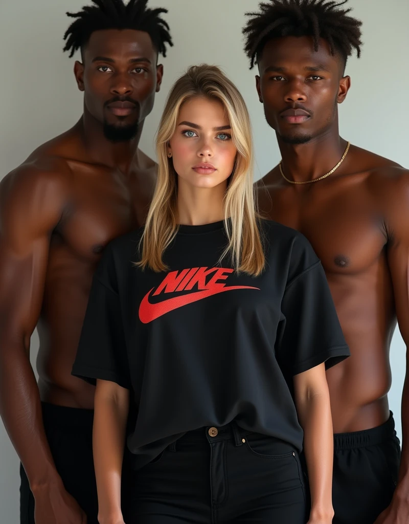 (A single blonde Swedish girl standing with two taller dark-skinned men behind her,) (Girl; a slight tan, blonde hair, bright blue eyes, blue eyes, ponytail, side bangs, realistic hair, medium long hair, straight hair, golden tan, smooth skin, youthful, very young, cute, flawless face, small head to body ratio, young face, cute features, thick eyebrows, flawless skin, big upper lip, lip filler, wide lips, duck-like lips, plump lips, wide torso, thick thighs, wide hips, big hip bone, wide thigh gap, round plump breasts, short, wearing black clothes, black t-shirt, black tight pants, tight clothes, matte textured clothing, logo on shirt, big bold logo on shirt,) (Man 1; african, black hair, dark skin, tall, muscular body,) (Man 2; african, black hair, dark skin, tall, muscular body,) (theme; 1girl, 2men, multiple men, flirtatious, seductive, promiscuous,) (style; dynamic pose, girl in center, two men in the background, tiktok girl, high quality portrait, artwork, masterpiece, high resolution, 8k)