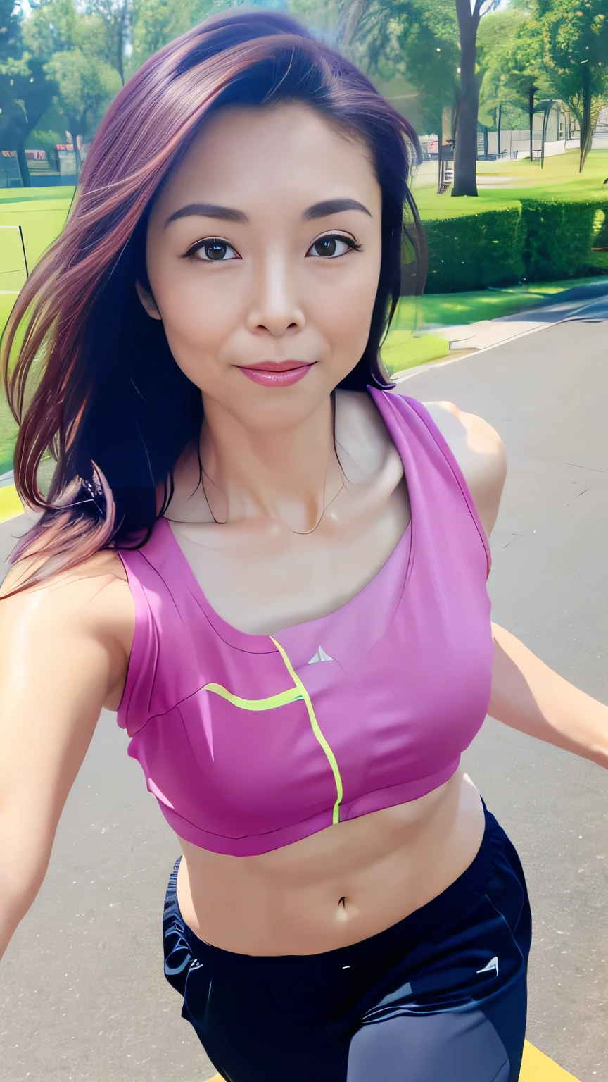 Morning jogging in the park, Running towards us、(Lightweight, Wearing colorful jogging wear:1.4)、One Japanese person,housewife, 40 years old、Symmetrical eyes, Whole Body Ezbian、Brown eyes, (Hair combed back:1.2), Brown Hair、 (at the park、Jogging)、(Lightweight, colorful jogging wear:1.4)、(Clothing clinging to sweat-drenched skin:1.4)、Sweaty face、Dripping Sweat、Wet Hair、Sweat-stained clothing、(Seamlessly perfect limbs)、(Beautiful big breasts、Narrow waist), uhd, masterpiece, super detail, best quality, 16K