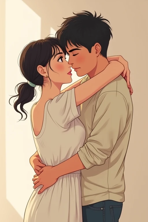 The moment when she is suddenly hugged gently from behind by her boyfriend. Anime style, no exposure, consistent illustrations