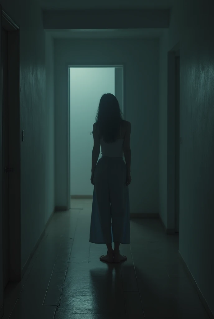 Prompt 1: A wide shot of a  girl (age 31 year) standing alone in an empty room, looking around as if searching for someone who isn’t there. The room is dimly lit, conveying a sense of emptiness and longing