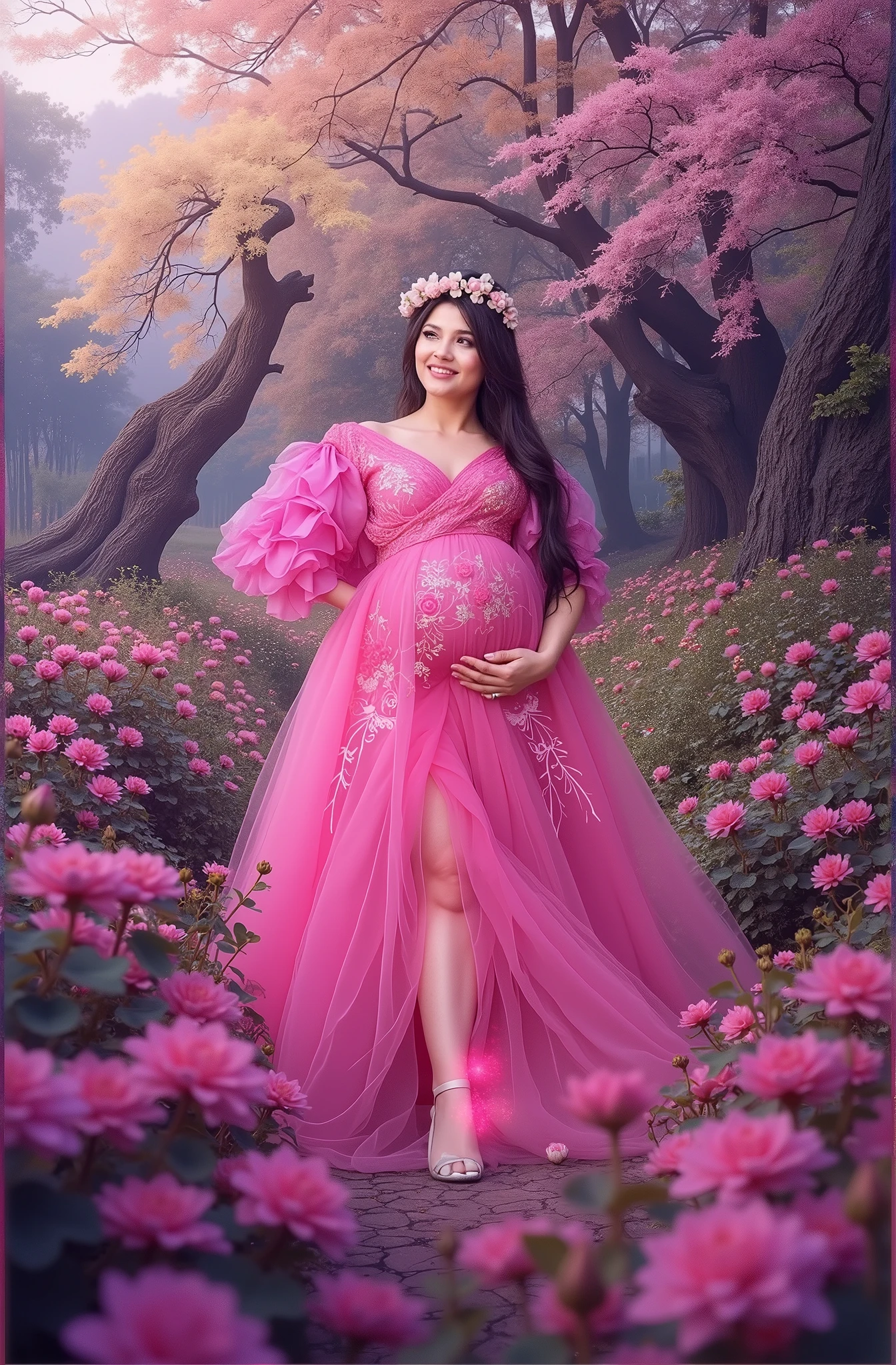 pregnant woman in pink dress standing in a field of flowers, digital art by Gabriel Ba, trending on cg society, fantasy art, in pink forest, maternal photography 4 k, dressed in a pink dress, wearing pink floral gown, fantasy photoshoot, very magical and dreamy, pink forest, pink lotus queen, full body portrait shot, lady with glowing flowers dress