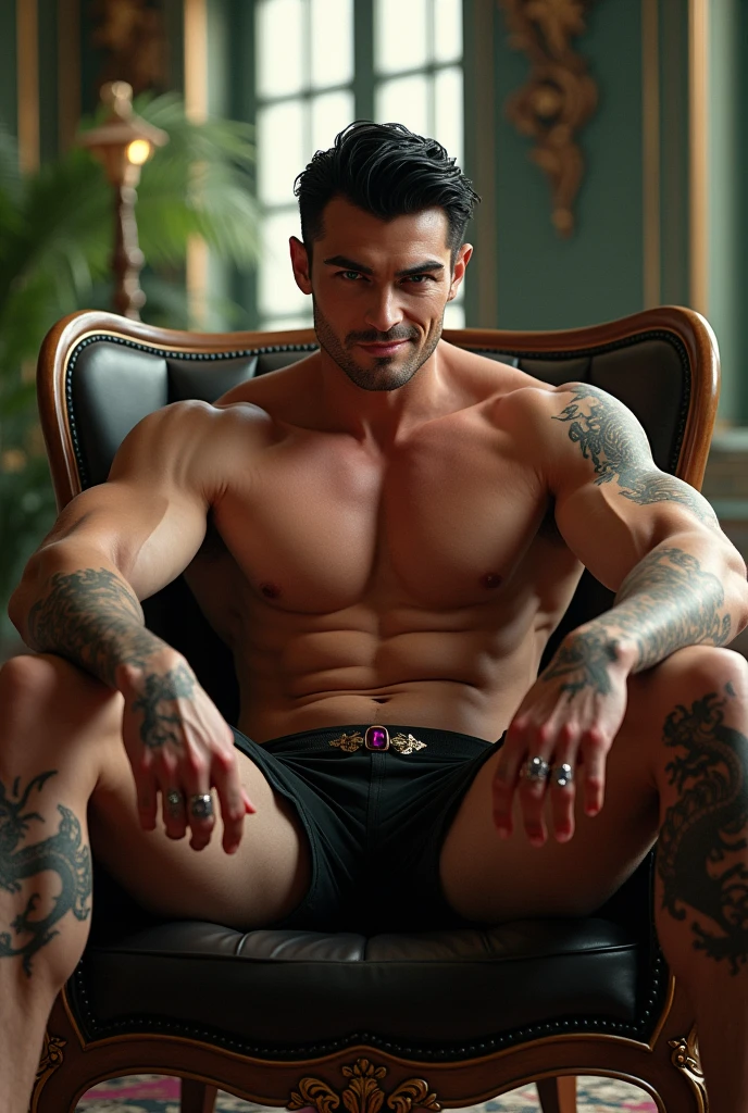 Create a muscular man with black hair and green eyes, side view, totally naked, without underwear, with his penis visible, with its lower part visible. symmetrical composition , sitting on an armchair with his legs wide open looking straight at the camera, authoritarian attitude, cynical smile, Smirking, a ring with a ruby , In the background a large art nouveau decorated salon, big windows, focus on the expression of man, slightly leaning forward, slender body with marked muscles, broad focus, You can see her feet with full body dragon tattoos,