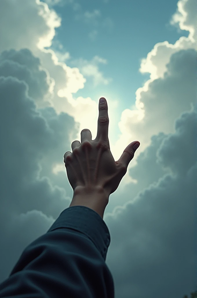 An image of a hand pointing the cloudy sky