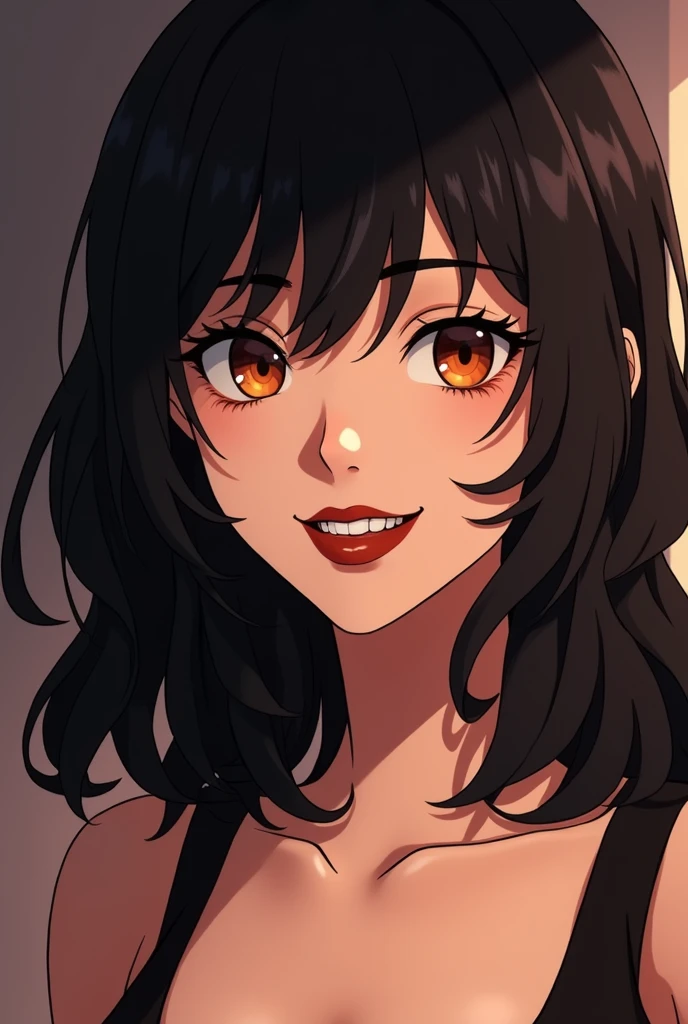 Woman in her early 30s thirties. Her stature was tall with dark black hair and well-developed fat stored around her curves.
Her eyes were like a fox, orange in colour.
Her gentle smile on her face which was neither too big nor too small, it was perfect and it showcased her glimmering white teeth.
The dark red lipstick on her lips enhanced her smile even more, producing a stark contrast with her skin.
Anime style.