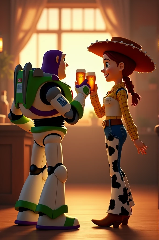 Buzz l'éclair et Jessie de toy story de dos en train de trinquer avec une bière