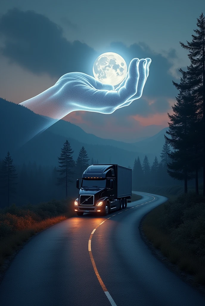 A powerful volvo truck driving on a long, winding road at dusk, with the sky transitioning from the warm colors of sunset to the deep blues of night. The moon, full and luminous, hangs in the sky, casting a silvery glow over the landscape. A large, transparent hand appears above the truck, extending forward and gently pointing the way, guiding the truck as it navigates through shadowy trees and distant mountains. The hand symbolizes protection and direction, offering a sense of safety as the truck moves forward under the serene night sky. The image should evoke feelings of trust, strength, and the calm assurance of a protected journey, with the guiding hand adding a touch of the mystical and reassuring.