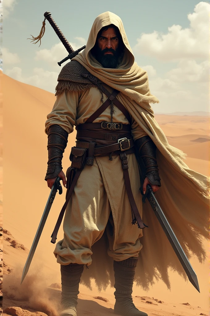 black haired guy medieval desert hunter in hood with two swords