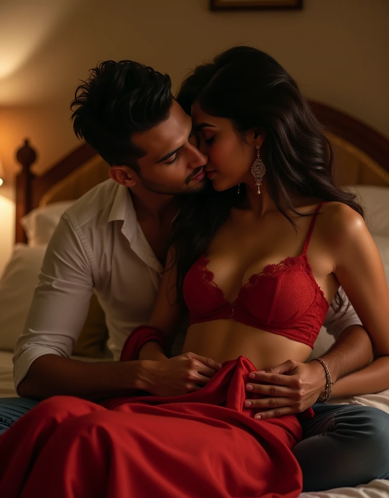 newly wed indian couple, man and woman, first night, woman sitting on bed, man sitting behind her and kissing her, woman removes red sari, her choli is on her shoulder, front unhooked and her red lace bra is visible, husband touched lace bra, they are having steamy , well decorated bedroom, dim light, sexood, erotic