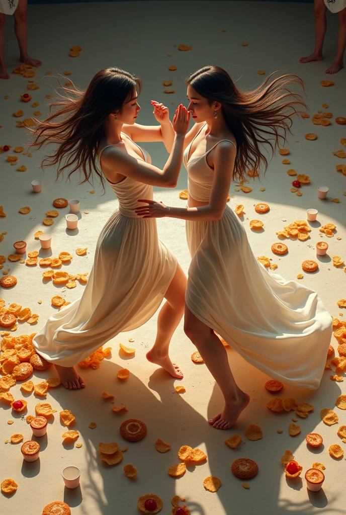 Two beautiful barefoot Japanese women fighting in the middle of a ring with leftover potato chips, Hamburgers, plastic cups and cupcakes scattered everywhere, your feet must step on the food.
The view must be from above.