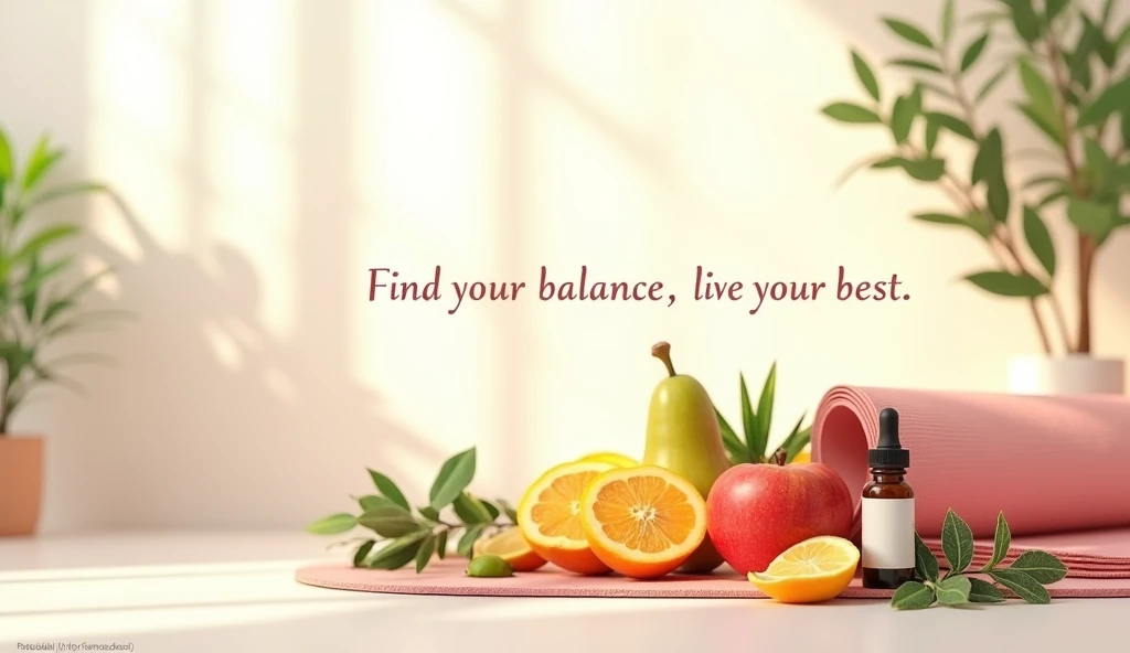 A balanced mix of wellness items like a yoga mat, healthy food, and essential oils, set against a minimalist, airy background. A calming abstract design that hints at both nature and modern living. “Find Your Balance, Live Your Best” in a clean, modern font, with the brand name at the bottom. Soft pastel tones (lavender, peach, and mint green) that feel uplifting and feminine.