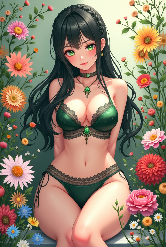 Convert your flower art into illustration.、Create backgrounds with vibrant colors and unique touches　The type of flower is statice、Gypsophila、sweet pea、Mix in some lace flowers, humongous breasts, cleavage, pink hair, green eyes, ((((green highlights)))), (((green braids))), standing, contrapposto, sexy pose, thick thighs, thigh highs, lingerie, arms resting behind, ulzzang, big green sparkling eyes like gemstones, thin waist, big hips, thick figure, voluptuous, japanese woman, 
