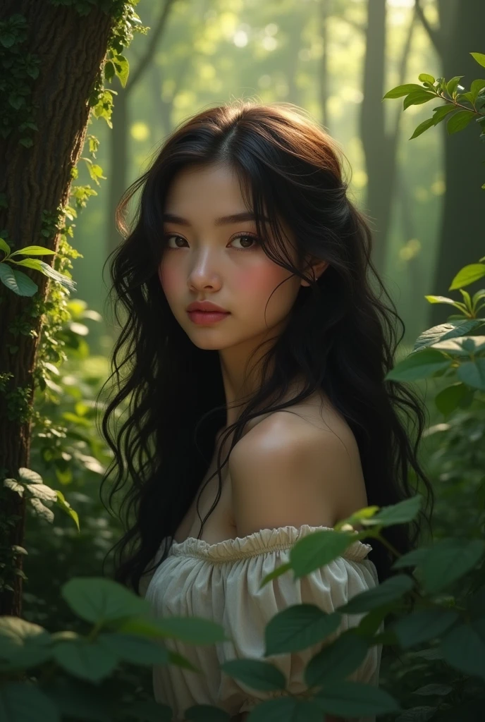 girl with long black hair,Brown eyes, White skin , big lips, surrounded by trees
