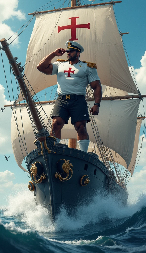 The mascot is an admiral, muscular, puffed-up chested, with an imposing appearance. He should be wearing a soccer uniform, a white shirt, with a black crossband, over the band a thick red Maltese cross on the chest, black shorts and socks, with a black admiral's hat with a thick red cross on the sides straight in the front. The admiral should be posing with a confident and friendly expression, saluting, on top of a large black slave ship in a high sea with waves, white sails flapping in the wind, birds flying in the sky.