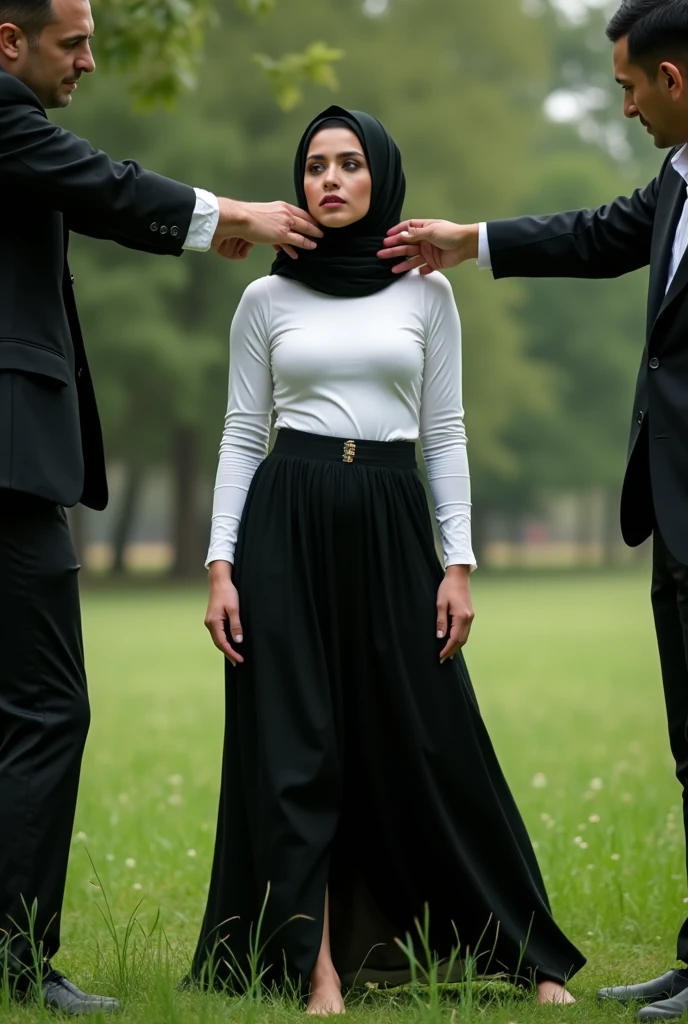 Black Headscarf at the Picnic, white long sleeve t shirt, black long skirt, barefoot, sexy woman. Men touching women's buttocks.