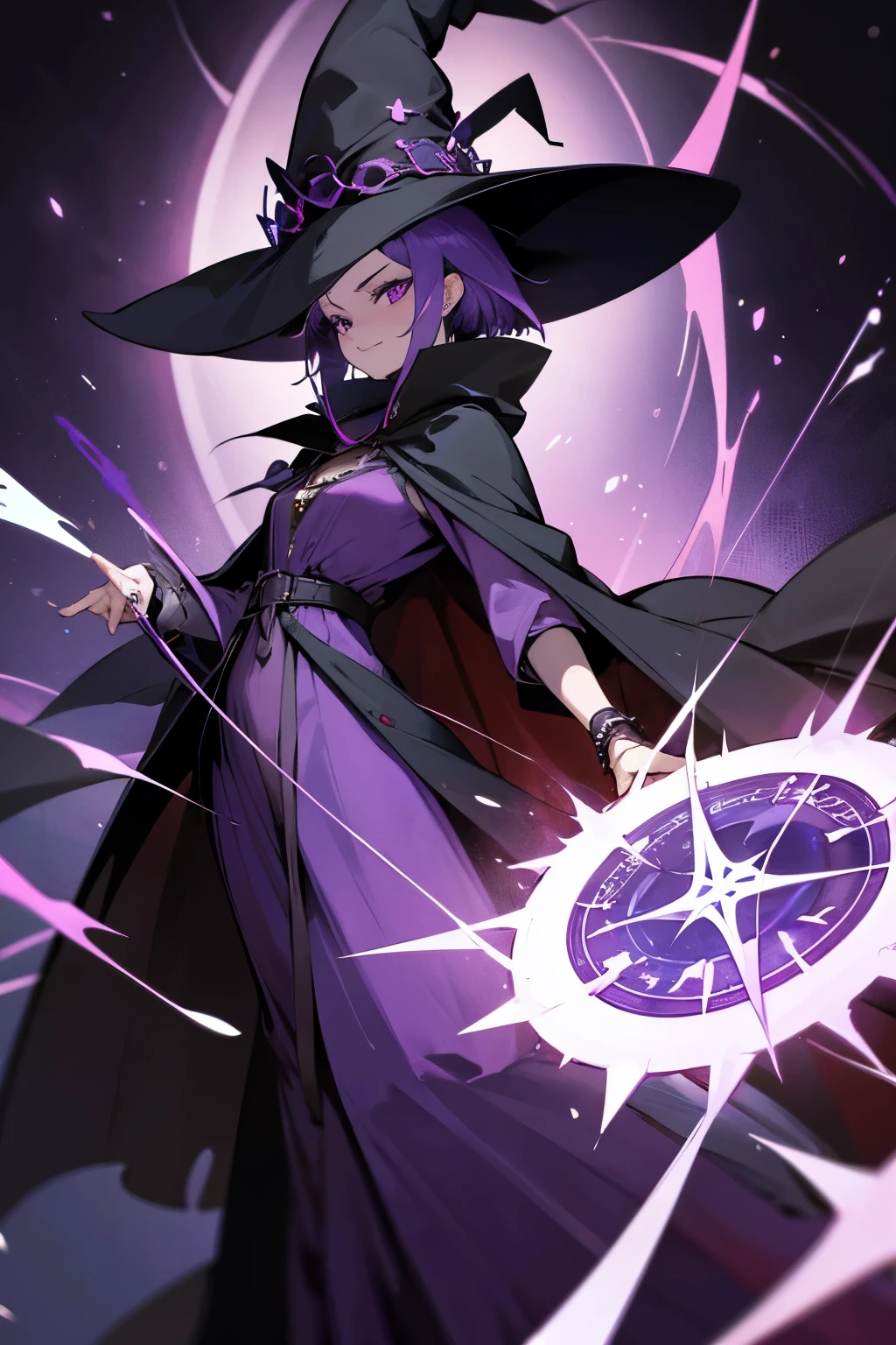 A woman with spiky purple hair. She wears a witch's hat. She wears a cloak over a long dress. She is a rune master. She has a playful personality