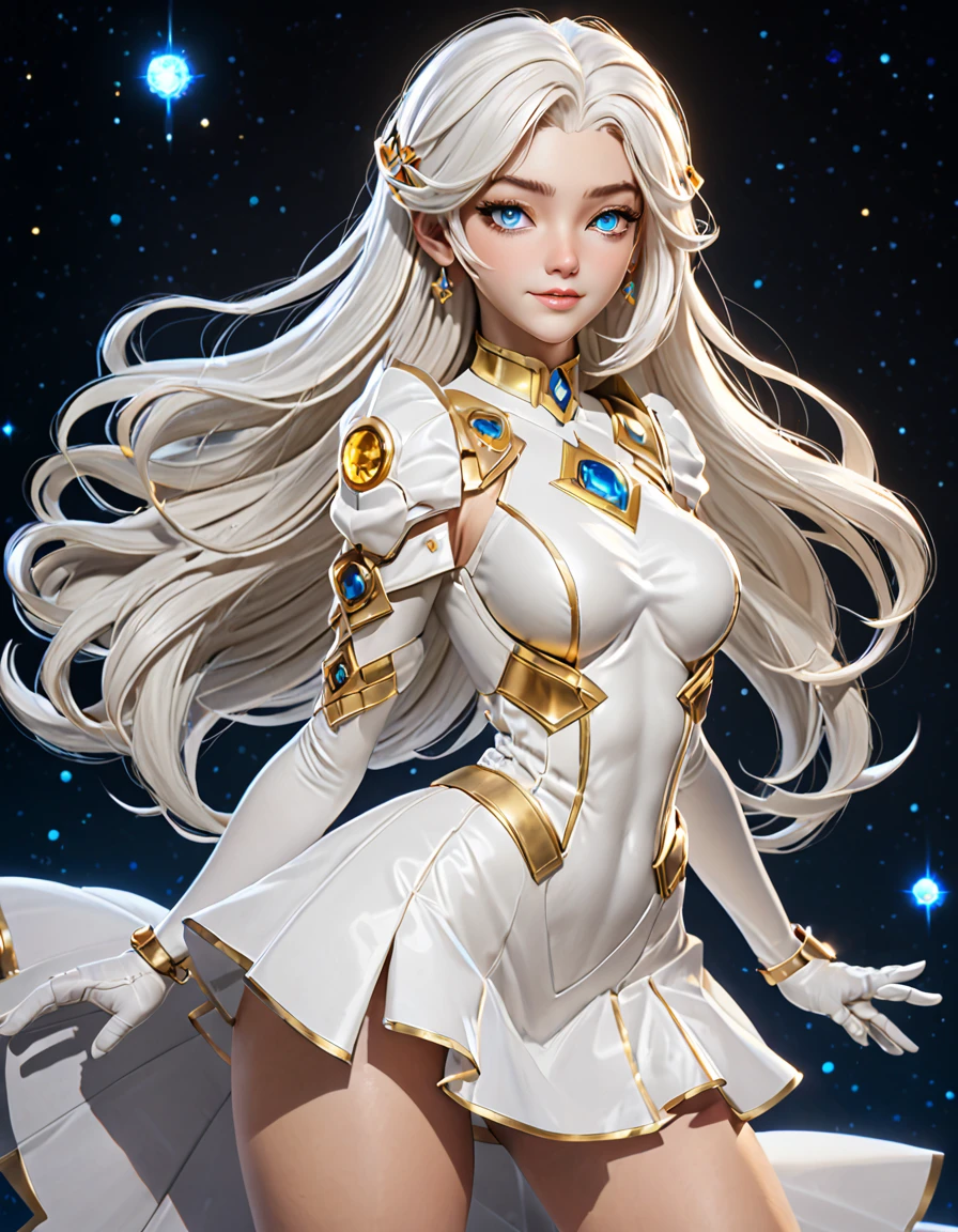 , (white hair), (blue eyes), Long hair, stomach gem, yellow skin, (golden skin) toned, puffy short sleeves, elbow gloves , white thighs, Puffy dress, standing, Upper part of the body, outer space, (Incredibly detailed, beautiful detailed face,beautiful detailed eyes, masterpiece, Best Quality) cinematic lighting, smile, genius