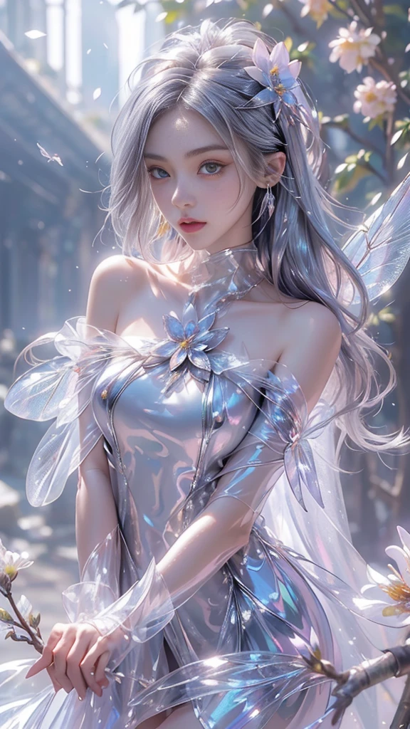 8k, masterpiece, 1 girl, beautiful face, very long hair, light makeup, (glossy skin:1.5), detailed eyes, detailed lips, small bust, short clothing, dragonfly, ((silver dragonfly clothing)), ((flowing cape)), light clothing, ((bare shoulder)), (flower falling:1.5), god rays, depth of field, ray tracing,