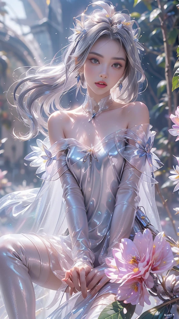 8k, masterpiece, 1 girl, beautiful face, very long hair, light makeup, (glossy skin:1.5), detailed eyes, detailed lips, small bust, short clothing, dragonfly, ((silver dragonfly clothing)), ((flowing cape)), light clothing, ((bare shoulder)), (flower falling:1.5), god rays, depth of field, ray tracing,