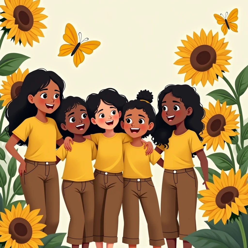 vectors, sunflowers, white girls, Dominican children, medium and small, brown pants, yellow shirt, school, yellow butterflies