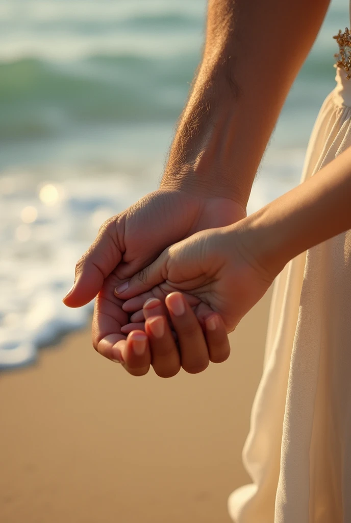I want a male hand holding a delicate female hand with a beach background