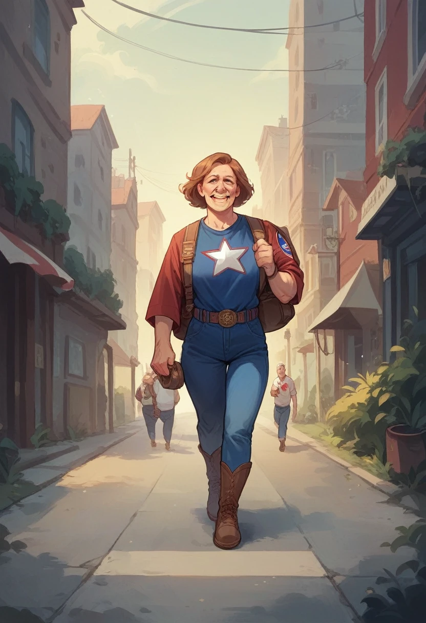 It looks like you've shared an image showing Captain America carrying two large sacks while walking beside an elderly woman in a rural setting. The image blends the superhero character with a more everyday, real-world scenario, which gives it an interesting and humorous contrast.