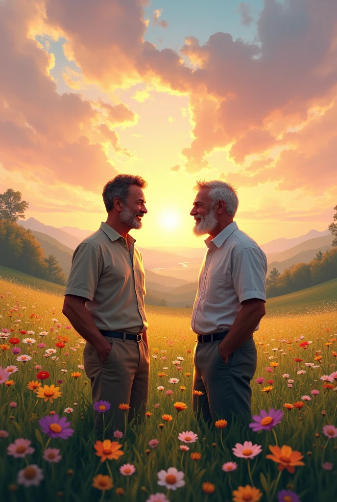 Two male friends talking about life in the background of a beautiful landscape like a green field full of flowers, a radiant sky in the late afternoon