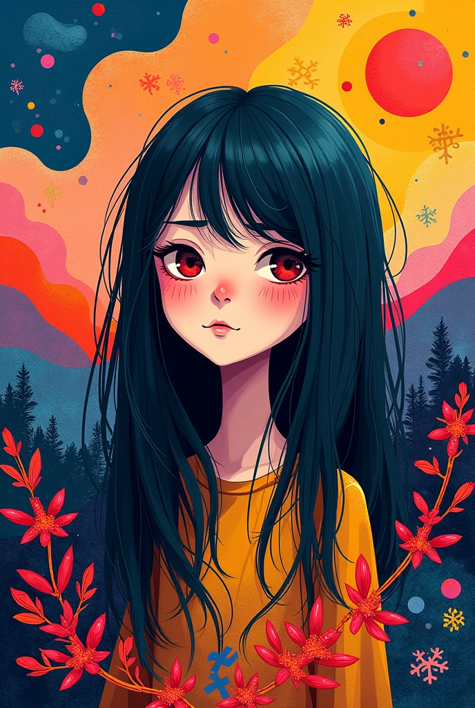 DRAWING WITH PRINTS OF AUTISM, VERY COLORFUL WITH STRAIGHT HAIR