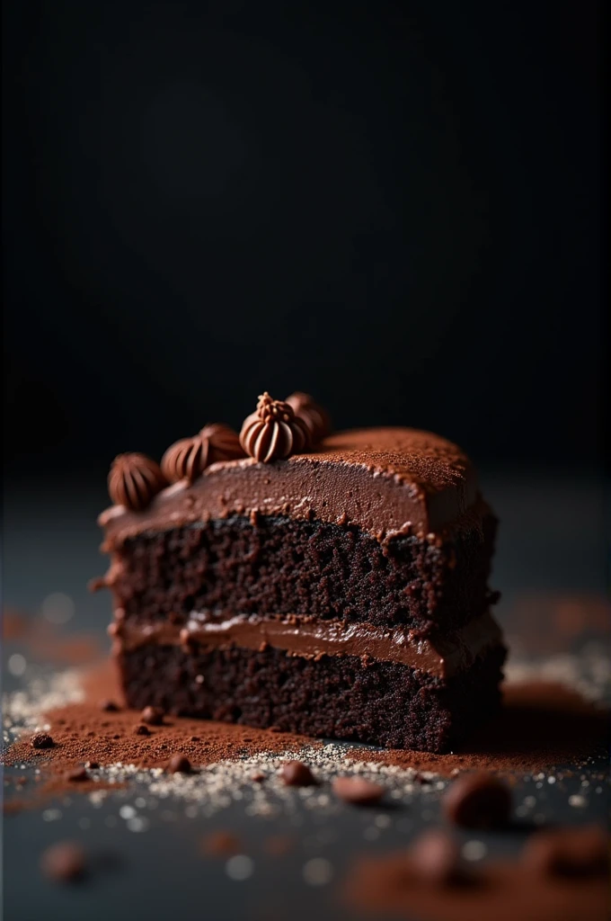 cinematic film still chocolate, chocolate cake, dark background, quality photo, moist texture, frosting, studio photo, slice . shallow depth of field, vignette, highly detailed, high budget, bokeh, cinemascope, moody, epic, gorgeous, film grain, grainy