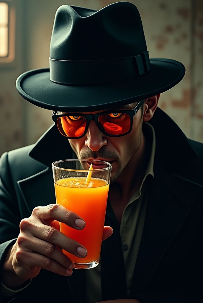 a glass of fruit juice gangster wearing glasses and a serious hat