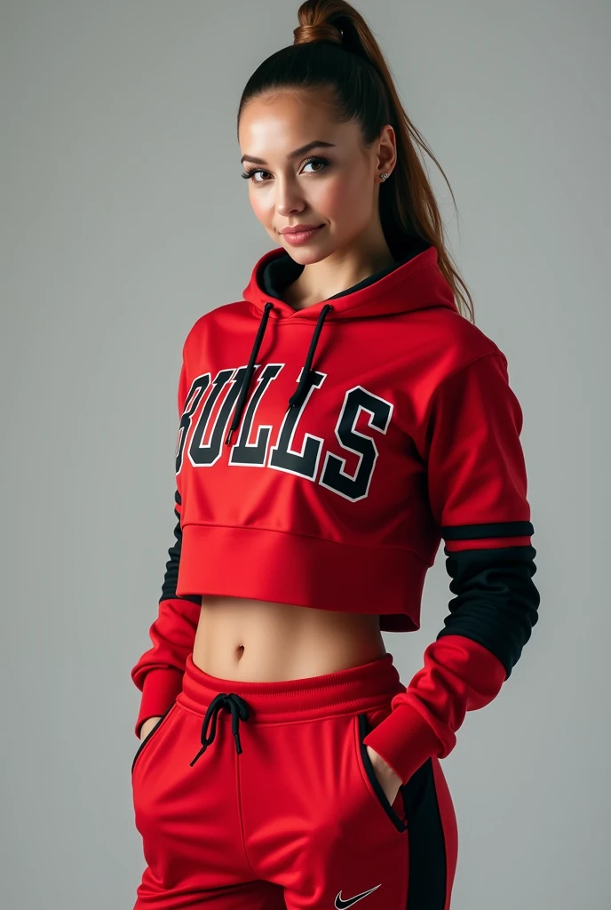 Red and Black Chicago Bulls Jordan 23 hoodie sweatshirt, wearing NIKE track pants, 38-D cup big firm breasts, zippered till neck jacket, Nike brand, athletic body sexy , very attractive face, cute smile, full length photo, smiling cute, Kate Mara looking face, 34 years of age, looking at the camera straight, hands in pocket.