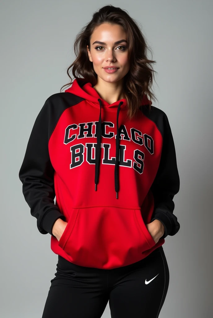 Red and Black Chicago Bulls Jordan 23 hoodie sweatshirt, wearing NIKE track pants, 38-D cup big firm breasts, zippered till neck jacket, Nike brand, athletic body sexy , very attractive face, cute smile, full length photo, smiling cute, Kate Mara looking face, 34 years of age, looking at the camera straight, hands in pocket.