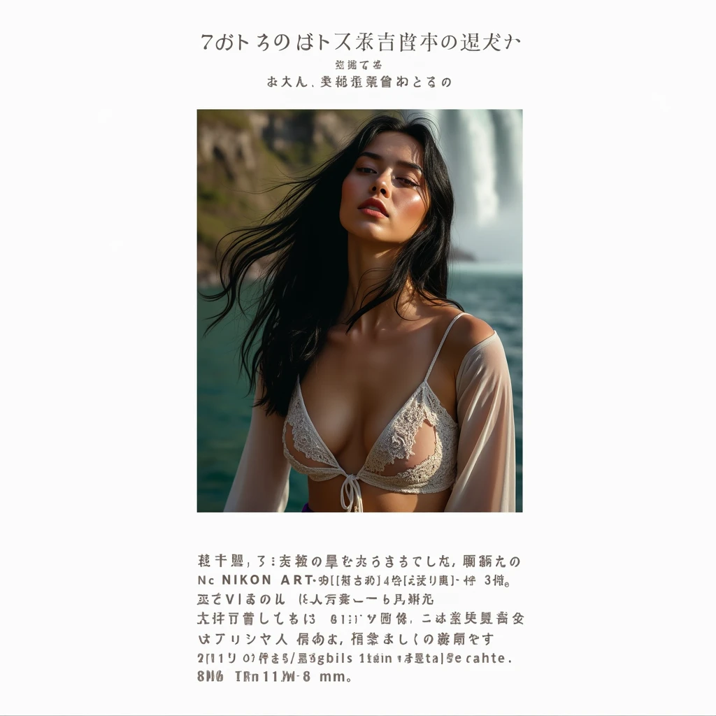 A young Italian female model with long black hair 2, posing in the great Niagara Falls, vibrant blue pants, thin white silk shirt 7, fashion style, prominent big breasts, clear chest curves. Sexy, Niagara Falls in the background, (best quality, 4k, 8k, high, masterpiece: 1.2), super detailed, (real, photorealistic, photorealistic: 1.37), detailed portrait, dramatic lighting, cinematic composition, super real , sad atmosphere, warm colors, Kodak film, Nikon Zfc camera, Sigma art 18mm. Hyperrealism