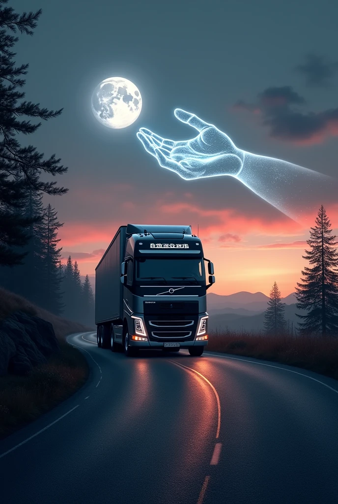 A powerful volvo truck driving on a long, winding road at dusk, with the sky transitioning from the warm colors of sunset to the deep blues of night. The moon, full and luminous, hangs in the sky, casting a silvery glow over the landscape. A large, transparent hand appears above the truck, extending forward and gently pointing the way, guiding the truck as it navigates through shadowy trees and distant mountains. The hand symbolizes protection and direction, offering a sense of safety as the truck moves forward under the serene night sky. The image should evoke feelings of trust, strength, and the calm assurance of a protected journey, with the guiding hand adding a touch of the mystical and reassuring.