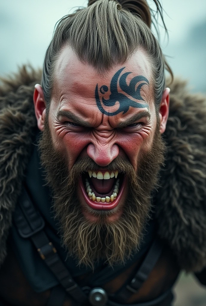 Realistic Viking screaming with teeth bared with a Norse tattoo around his eye and with his eyes open 