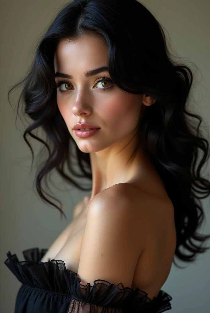 Elle a une silhouette élégante et équilibrée, avec une posture droite qui reflète à la fois confiance et grâce. Ses cheveux, d'un noir ébène, encadrent son visage avec des boucles naturelles qui tombent librement sur ses épaules. Son visage est oval, avec des traits harmonieux et délicats. Ses yeux, en amande et d'une couleur brun noisette, sont expressifs et profonds, comme s'ils pouvaient raconter des histoires sans dire un mot. Ils sont encadrés de longs cils qui ajoutent une touche de mystère à son regard.
Son nez est fin et bien dessiné, ajoutant à la douceur de ses traits. Ses lèvres sont pleines et bien définies, souvent étirées en un sourire chaleureux qui révèle une bienveillance naturelle. Sa peau est d'un teint hâlé, douce et lumineuse, témoignant de soins attentifs. Ses mains sont fines avec des doigts longs et élégants, indiquant peut-être un intérêt pour des activités créatives ou artistiques.
Le tout laissant appraître un sein