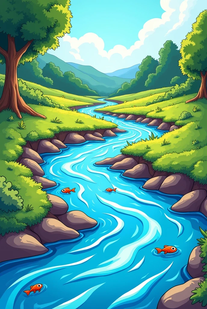 Une image d'un ruisseau où on peut voir le courant s'écouler avec la couleur de l'eau. Très vive dans un style bande dessinée