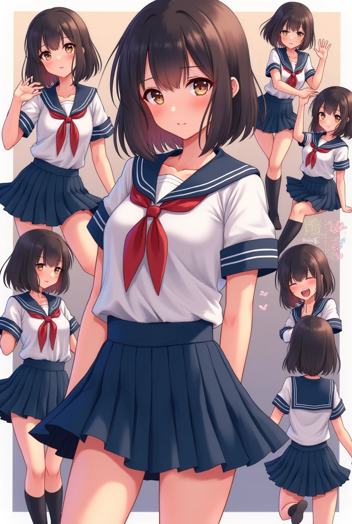 (masterpiece, Highest quality:1.2), One person, One personで, high school girl, Mid length, Girls' high school sailor uniform, Navy Pleated Skirt, Pure white blouse, I have feelings for you, Dynamic Random Shots, Attractive cleavage, Elastic thighs, Red ribbon, ARW