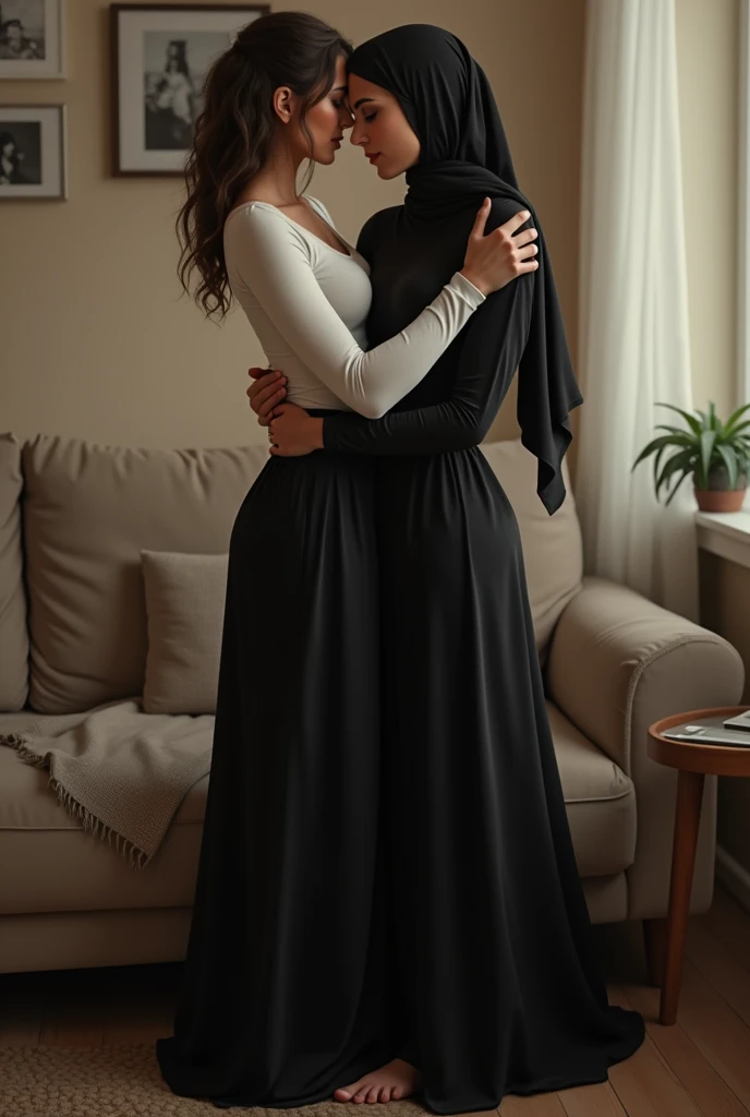 Black headscarf at home, white long sleeve t shirt, black long skirt, barefoot, Sexy women kissing men.