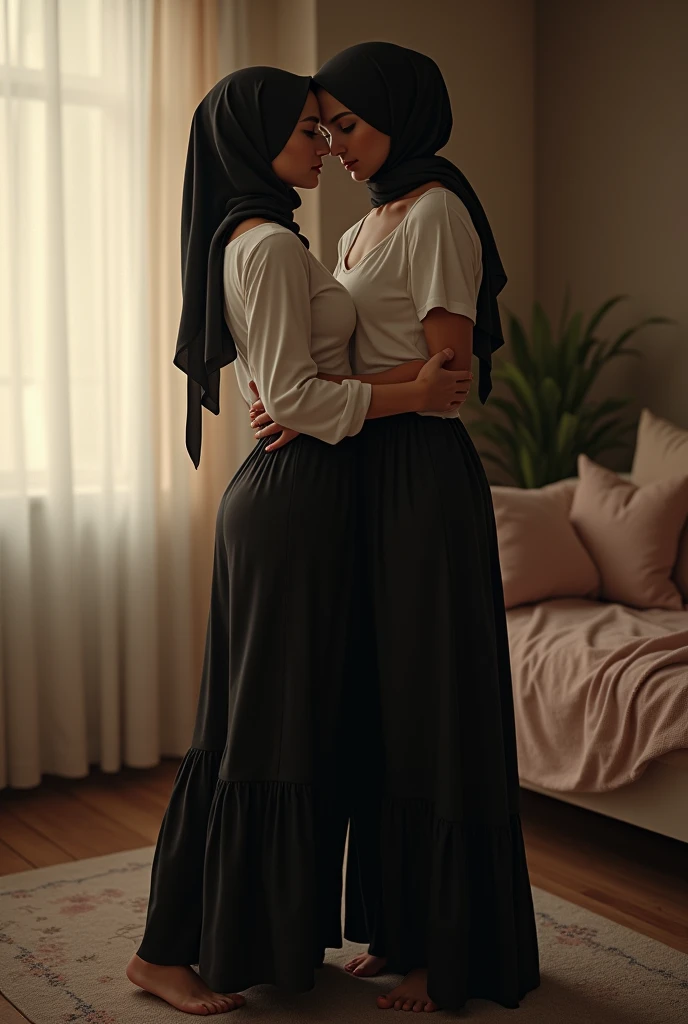 Black headscarf at home, white long sleeve t shirt, black long skirt, barefoot, Sexy women kissing men. 