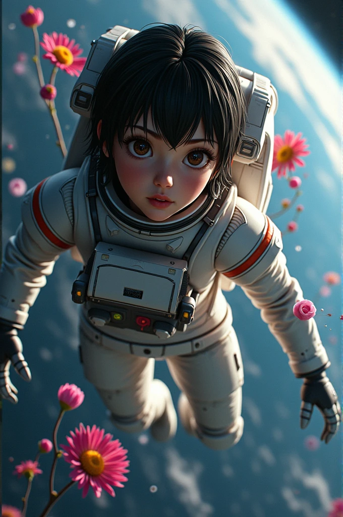 Astronaut with black hair and brown eyes in space and some flowers