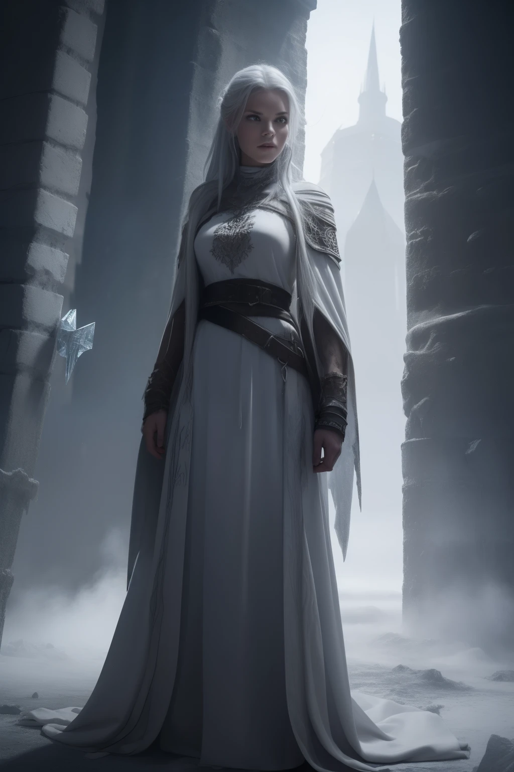 dnd, npc, female ice sorcerer, epic, mysterious avengeful, hatless, inside a tower, nordic, viking styled, inside a tower of ice, grayscale, realistic, robes and cloack, evil, seeks revenge, face has runes and symbols, poor clothes, cheap clothes, (poor nordic clothes), 20 years old, ugly, dirty, mysterious aura, villain, contruction is made of ice, walls are made of ice, everything is made of ice, eternal night, ragged clothes, poor, dirty, exiled in an ice tower, ((dirty ugly cheap teen))