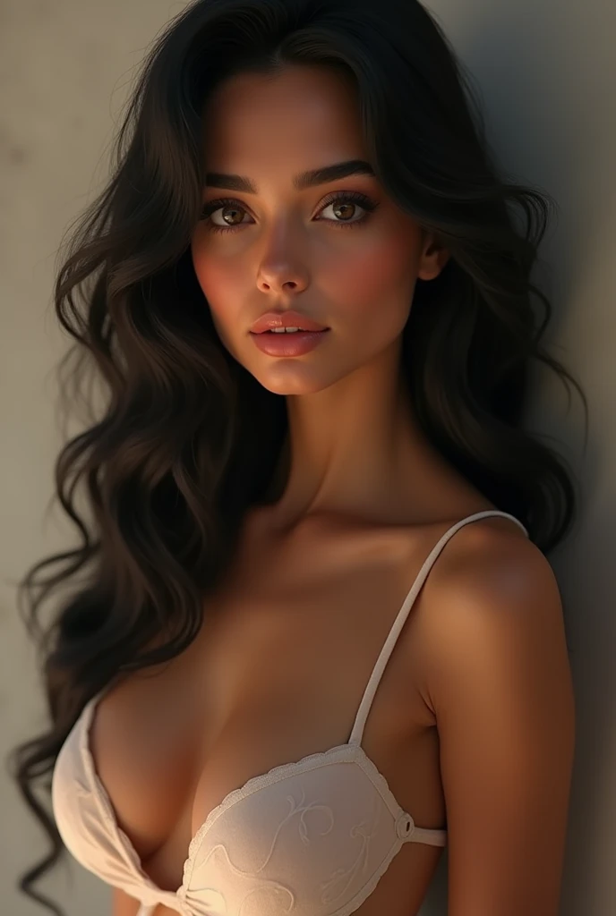 Elle a une silhouette élégante et équilibrée, with an upright posture that reflects both confidence and grace. Her hair, d'un noir ébène, frame her face with natural curls that fall freely over her shoulders. Son visage est oval, avec des traits harmonieux et délicats. Her eyes, almond shaped and hazelnut brown in color, are expressive and deep, comme s'ils pouvaient raconter des histoires sans dire un mot. Ils sont encadrés de longs cils qui ajoutent une touche de mystère à son regard.

Her nose is fine and well-drawn., ajoutant à la douceur de ses traits. Her lips are full and well defined, souvent étirées en un sourire chaleureux qui révèle une bienveillance naturelle. Her skin is tanned, douce et lumineuse, témoignant de soins attentifs. Ses mains sont fines avec des doigts longs et élégants, perhaps indicating an interest in creative or artistic activities.

All of this leaving a breast visible 