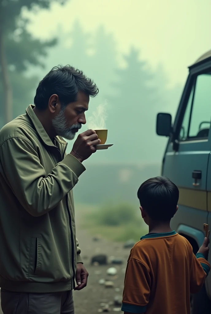 cinematic, photorealistic film poster of a man in his 30’s, middle class track suit, tea cup steaming in his hand, overlooking his son applying small painting color on an old Maruti Van, early morning, light mist, Darjeeling