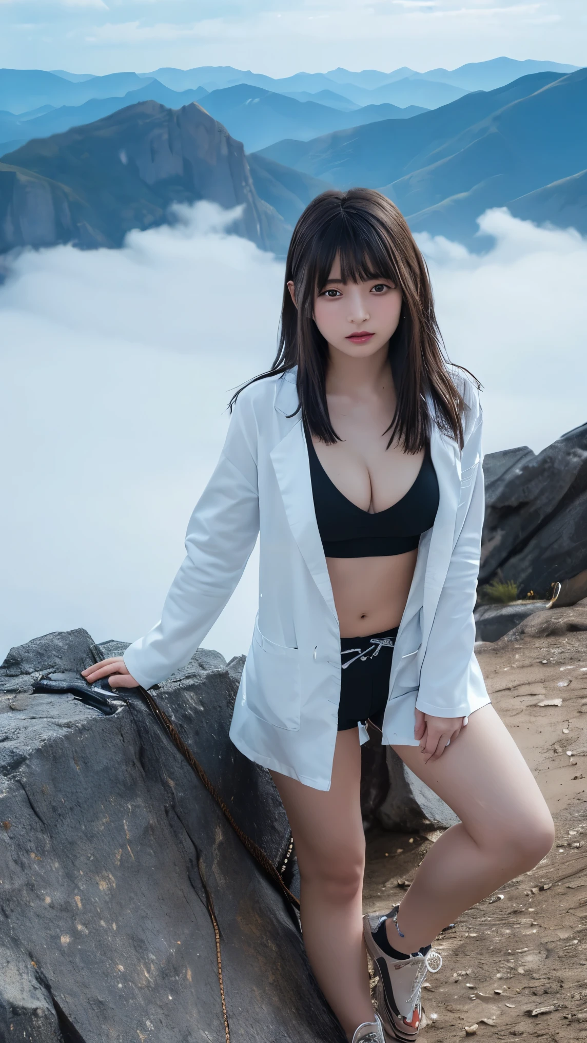 28age、Very beautiful woman、sexy、Clothes are not taken off、(Rock climbing up the side of a towering peak, Her muscular legs pushing her up, A breathtaking view from the summit below her.:1.4) , Large Breasts:1.4、H cup breasts:14、Cleavage spilling out of the blouse:1.4、 (female docter, dressed in a professional white long lab coat, Inner is wearing a blouse):1.5. Thin Waist (Beautiful Skin), (Beautiful Eyes), Cellulite, (Detailed skin, Skin wounds:1.2) 24mm, Soft cinematic light, RAW Photos, Complex, elegant, Very detailed, Sharp focus, ((((Cinematic look)))), soo薄いg tones, Insane Details, Ultra-detailed, Low contrast, Exposure Blending, High resolution, Faded, Canon Ae-1で撮Shadow, 昔ながらの35mmフィルムで撮Shadow, (Analogue photography), Shadow, 1 1 1.4, ISO 800 Grain, 超High resolution, Highest quality, masterpiece, ((Color images)), Intimate, drop Shadow, Clear Background, (Highest quality:1.2), (Very detailed:1.1)