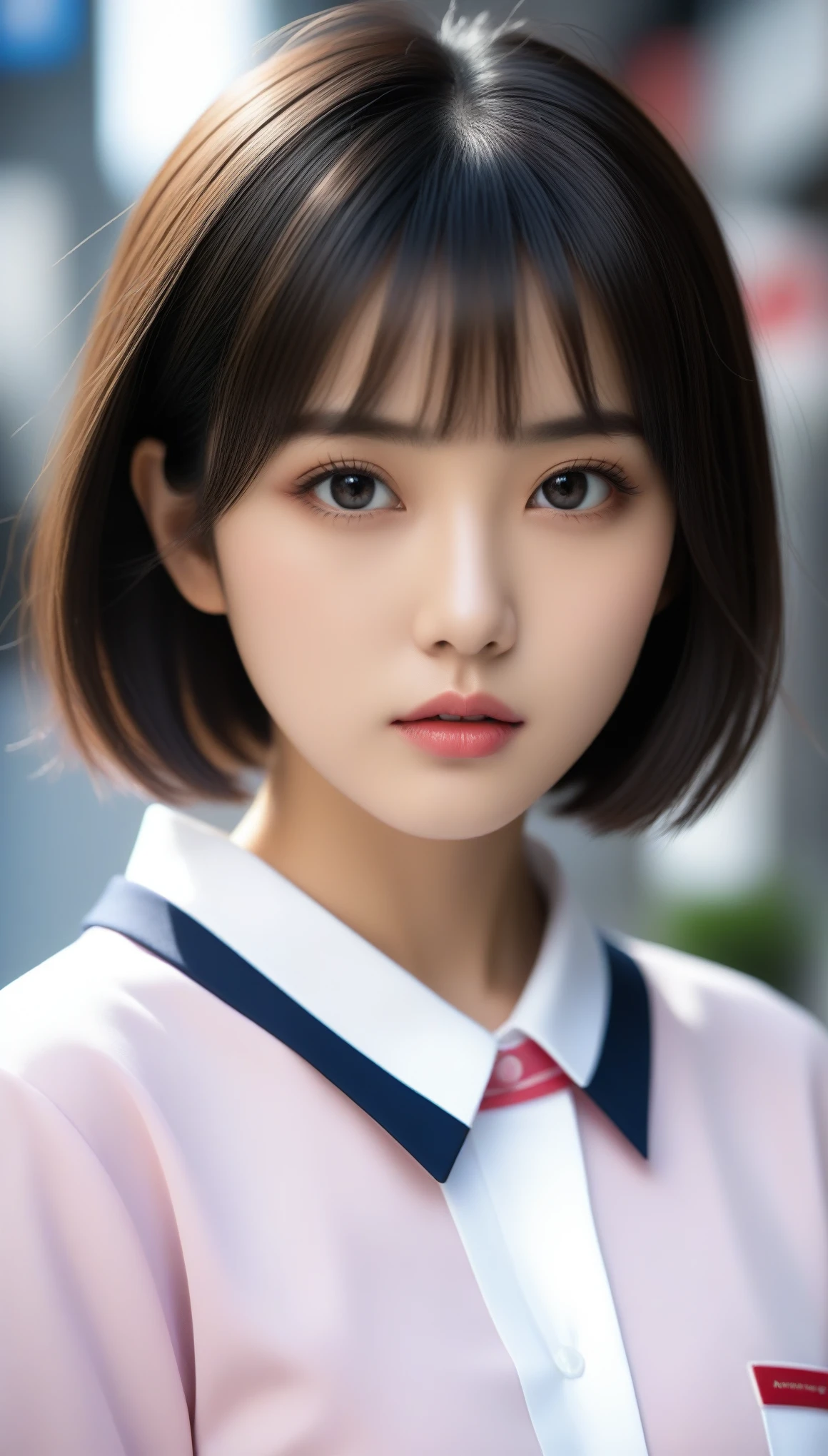 8k, Ultra-high resolution, Highest quality, masterpiece, 三分割法によるphotograph,Surreal, photograph,One Woman, (:1.3), cute, cute顔, 細部までBeautiful Eyes, 細かくdetailedに,masterpiece,One Girl:1.2,Japanese women,kindergarten,close up,glaring,Black short hair,Bowl cut,ID photo,(kindergarten uniforms:1.3),Eccentric,Future City,white collar,((Fusion of humans and androids))(Beautiful attention to detail),Subtle details, detailedな顔,anger,Attractive eyes,(ポートレートphotograph:1.4),(Photorealistic images:1.4),Fantasy art,(Beautiful Face:1.4),美しくAttractive eyes、Beautiful Eyes,Silver residue,(Tight waist:1.4)、(Beautiful with perfect body proportions:1.4),Pink Lips,profile,(((Ideal body type))),A-cup small breasts :2,、Portraiture:2、Perfect Anatomy、鮮明なdetailed、detailed,Fashion magazine cover,Thin lips,完璧でBeautiful Face ,完璧でcute顔, Skin with attention to detail, Perfect limbs、Narrow waist,Surreal,Light and shadow,spotlight