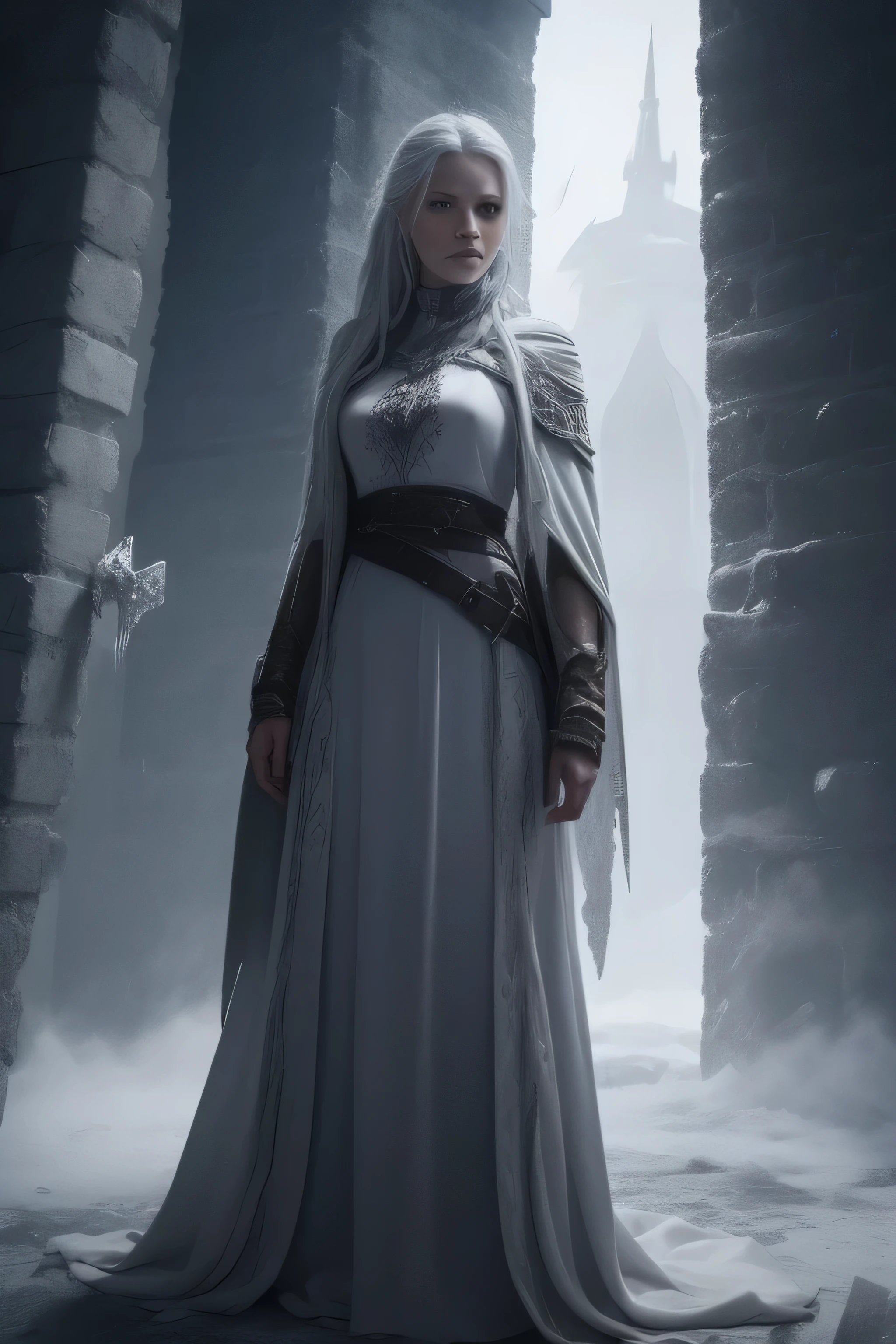 dnd, npc, female ice sorcerer, epic, mysterious avengeful, hatless, inside a tower, nordic, viking styled, inside a tower of ice, grayscale, realistic, robes and cloack, evil, seeks revenge, face has runes and symbols, poor clothes, cheap clothes, (poor nordic clothes), 20 years old, ugly, dirty, mysterious aura, villain, contruction is made of ice, walls are made of ice, everything is made of ice, eternal night, ragged clothes, poor, dirty, exiled in an ice tower, ((dirty ugly cheap teen))