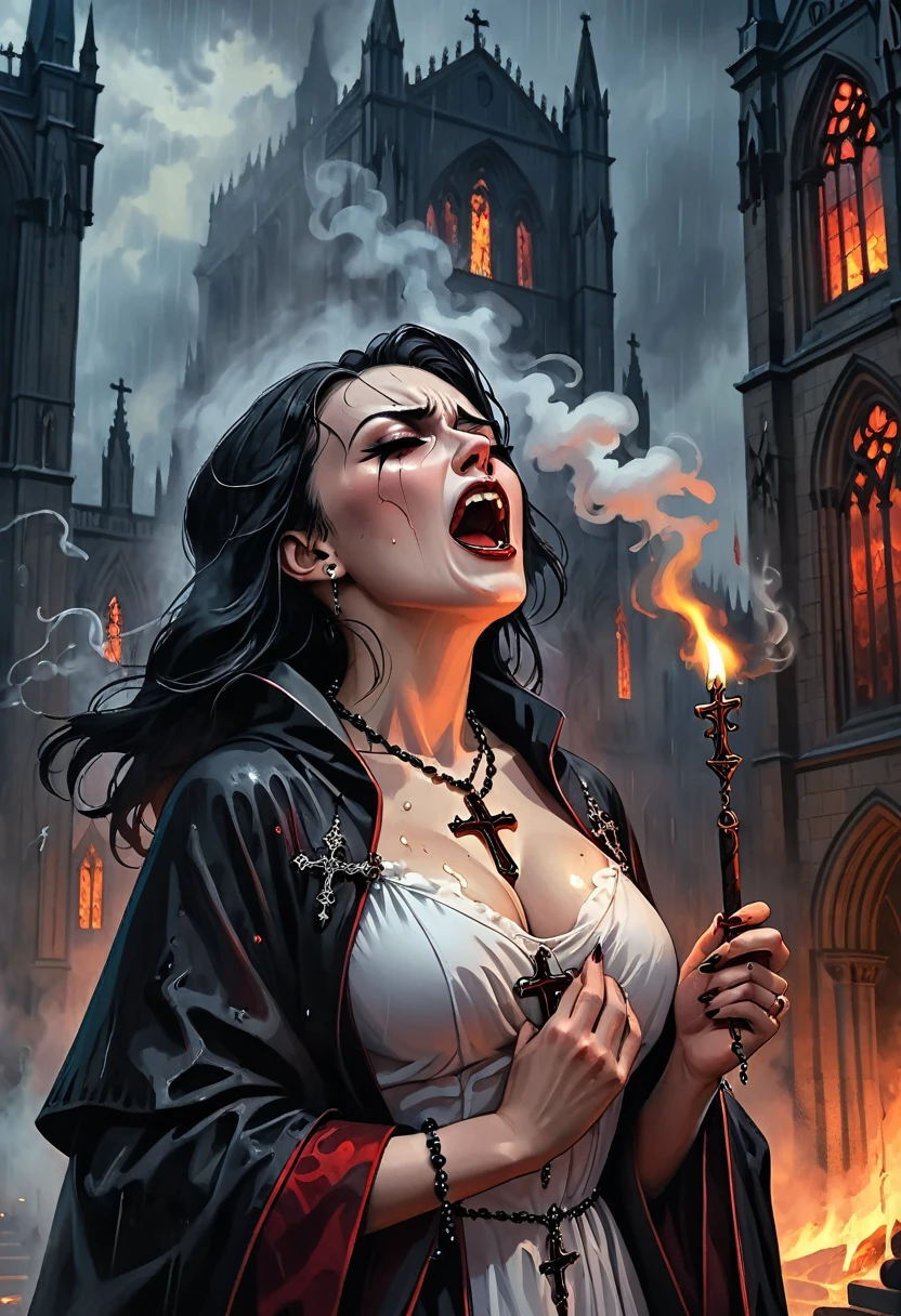 (Woman: 2), standing outside massive gothic cathedral, raining, dark stormy night, wearing ornate male catholic priest robes, robes open, loose crop top, under boob, holding rosary, rosary burning her hand, smoke coming off hand, mouth open in a painful scream, vampire fangs, look of pain and regret on face, cross burns skin, skin smoking, crying blood,