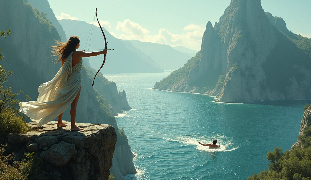 (there are a naked greek woman hawking and archery in river, naked, fullbody, deer, bow, archer, deer, bow, river white hair, hairy torso, fantasy, intricate, elegant, highly detailed, digital painting, artstation, concept art, smooth, sharp focus, illustration,